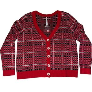 Leo Nicole Red Black Plaid Cardigan V Neck Women's Sweater XL‎ Petite